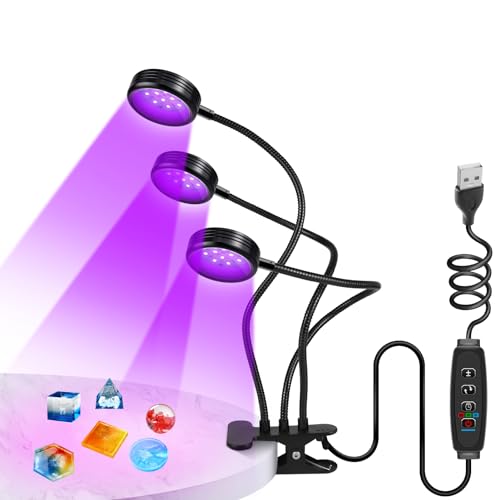 inShareplus 395nm~405nm Dimmable UV Gooseneck Light with USB,15W UV Black Curing Lamp, Clamp Lights with Clip for UV Glue Resin Curing, Gel Nail, Resin Art, Aquarium - color: Round, size: Three head