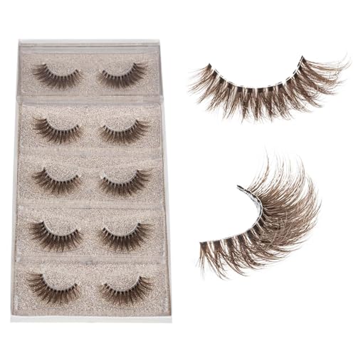 DYSILK Brown Fluffy Eyelashes, 9-16mm 3D Densely Volume Lashes Brown-01 | 5 Pairs Sun-Kissed Cat Eye Lashes, Soft Glam Faux Mink Lashes, Trimmable, Ultra-Fine Clear Band, for Blondes & Light Hair - color: Brown-01
