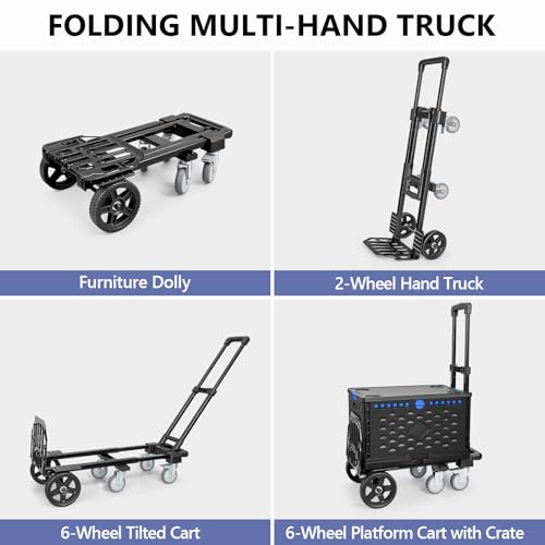 KEDSUM 4-in-1 Convertible Dolly Cart with Folding Crate, 600LBS Heavy Duty Hand Truck Dolly, Hand Truck with Adjustable Handle Angle & Expandable Base for Home,Warehouses,Dorm, Collapsible - size: 600LBS-6 Wheels with Folding Crate