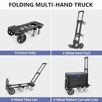 KEDSUM 4-in-1 Convertible Dolly Cart with Folding Crate, 600LBS Heavy Duty Hand Truck Dolly, Hand Truck with Adjustable Handle Angle & Expandable Base for Home,Warehouses,Dorm, Collapsible - size: 600LBS-6 Wheels with Folding Crate