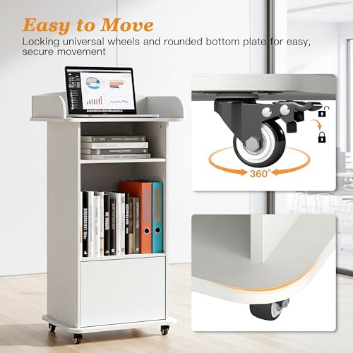 Podium Stand with Metal Wheels Wooden Lectern Podium Stand Portable Pulpit Standing with Storage Mobile Reception Podiums Desk for Church Office School Conference Restaurant Meeting, White - color: White