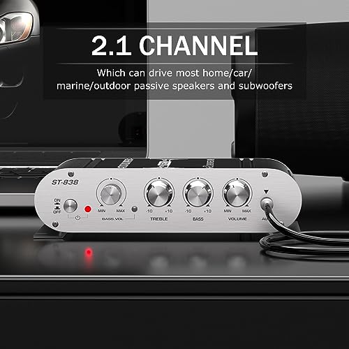 Facmogu ST-838 2.1CH Mini Amplifier, RMS 20Wx2 + 40W Passive Subwoofer Amp | Bass & Treble Control | RCA/AUX Input | Compact Stereo Audio Receiver for Home, Car & DIY Speakers | w/Power Supply - Black - color: ST-838 Black (20Wx2 + Passive Subwoofer)