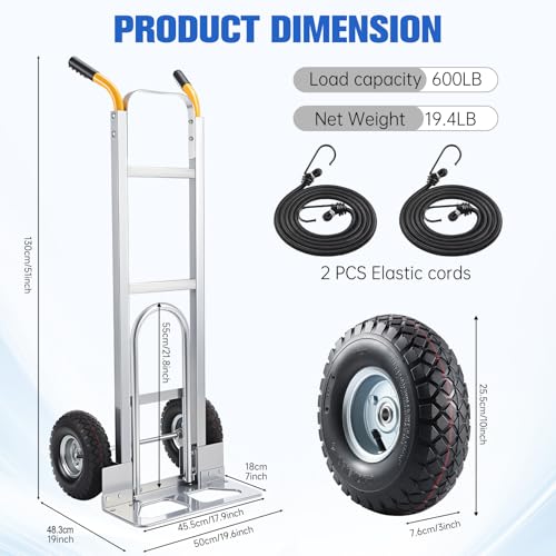 Aluminum Hand Truck Dolly Cart with 10" Pneumatic Tire,Hand Trucks Heavy Duty 600 LBS Capacity,Platform Hand Cart for Transport & Moving in Warehouse, Home, Office, Supermarket