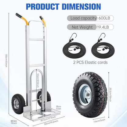 Aluminum Hand Truck Dolly Cart with 10" Pneumatic Tire,Hand Trucks Heavy Duty 600 LBS Capacity,Platform Hand Cart for Transport & Moving in Warehouse, Home, Office, Supermarket