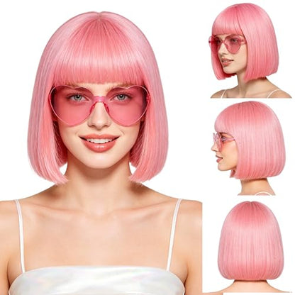 Short Bob Straight Hair Wigs with Bangs, Heat Resistant Fiber Hair, Heart-shaped Glasses for Women (Pink) - color: Pink