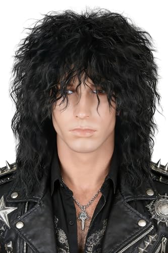 80s Retro Rock Mullet Wig – Black Voluminous Curly Hair for Men Glam Metal Style for Halloween, Cosplay & 80s Theme Parties - color: Black Curly