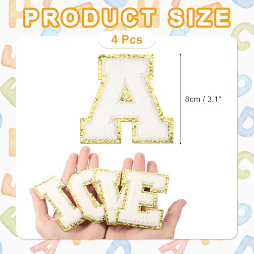 MECCANIXITY Chenille Letter Patches 3.1" Alphabet A Iron on Embroidered Patch Sew on Letter Stickers Applique for Repairing Clothing Jeans Shoes Hats DIY(White, Pack of 4) - style: Letter-A