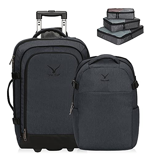 Hynes Eagle 2 in 1 Travel Backpack 22 inches Carry on Luggage 63L Rolling Backpack for Men Women with Packing Cubes 3PCS Set - color: Gray Blue