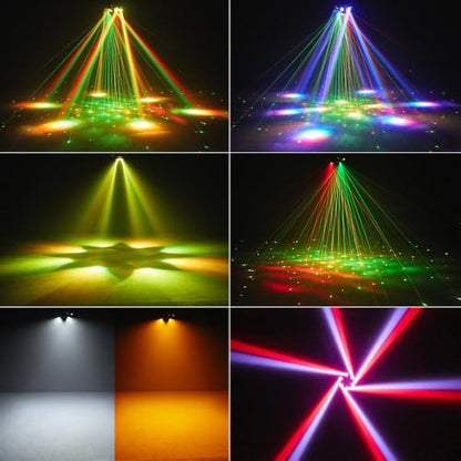 Moving Head DJ Lights, Rualin 150W LED Stage Light 4 in 1 with RGBW 6 Arms Beam, Bee-Eye Light, Red Green Starry and White Amber Strobe, Remote & DMX Control for Disco Club Party DJ Stage Lighting