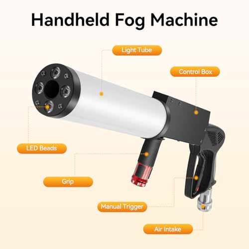 CO2 Handheld Smoke Machine, Fog Gun with RGB LED Lights & 3m Hose, 5-6Mpa High-Pressure Portable Smoke Cannon for Halloween, DJ Parties, Weddings, Stage Effects