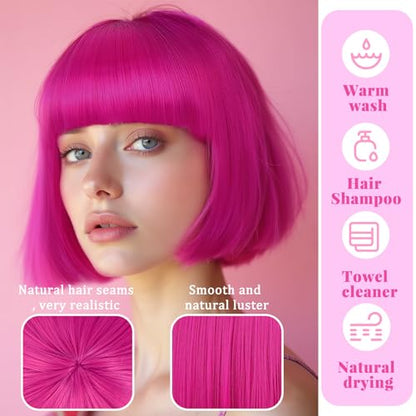 LIULIUBTY Short Bob Hair Wigs Straight with Flat Bangs Synthetic Colorful Cosplay Daily Party Neon Wig for Women with Wig Cap 12" Natural As Real (Hot Pink B) - color: Hot Pink B