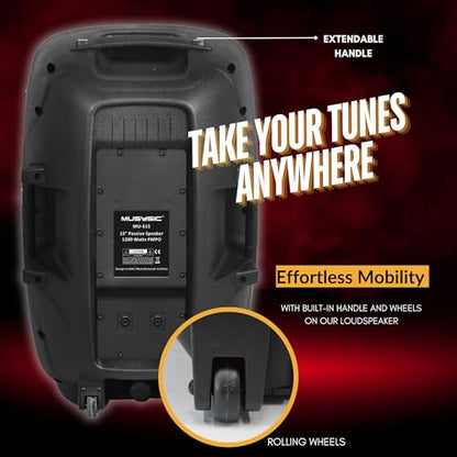 MUSYSIC 15 Inch Passive PA Speaker - 1200W Peak Power Professional | DJ Loudspeaker with Titanium Driver, ABS Cabinet, Flyable & Stand Mountable for Live Sound, Church, Events & Mores - size: 15 Inch 1200W