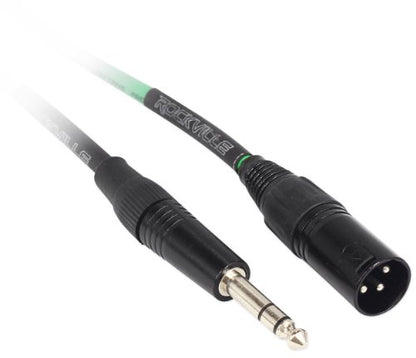 Rockville RCXMB3G Green 3' Male REAN XLR to 1/4" TRS Cable, 100% Copper | Patch Cable, Balanced Audio, Nickel Plated, 24 AWG OFC, 90% Spiral Shield, EMI/RFI Rejection, Flexible, Low Noise - color: Green