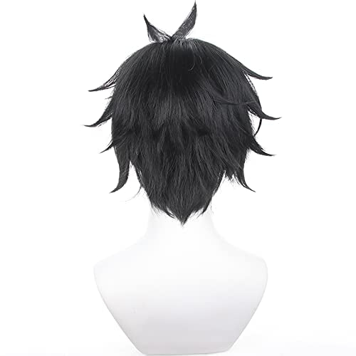 Anime Black Short Wigs with Bangs Men Short Straight Wig Layered Haircut Wig Game Dragon Lunae Cosplay Wigs Halloween,Christmas,Comic con,Game Show,Party - color: Black Green