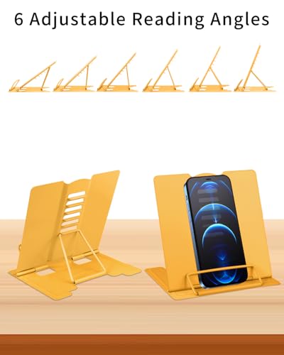 MSDADA Small Desk Book Stand Metal Reading Rest Book Holder Adjustable Cookbook Documents Holder Portable Sturdy Bookstands for Recipes Textbooks Tablet Music Books(Yellow) - color: Yellow