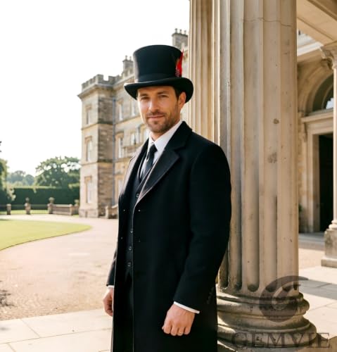 GEMVIE Men 100% Wool Mad Hatter Satin Lined Black Top Hats 6.7" High Topper Hat - size: 7 5/8