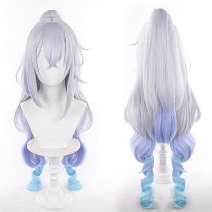 Lv999 Silver Wolf Grey Gradient Sky Blue Lake Blue Women Long Curly Hair,Split Tiger Clip Anime Game Halloween Party Costume with Free Hairnet - color: Grey Gradient Sky Blue
