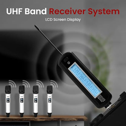 4 Channel Wireless Microphone System, Portable UHF Band Receiver System, Independent Channel Controls, RF Signal LCD Indicator, Digital Audio Microphone Set with 4 Handheld Microphones (White) - style: Wireless-Set of 4 Mics