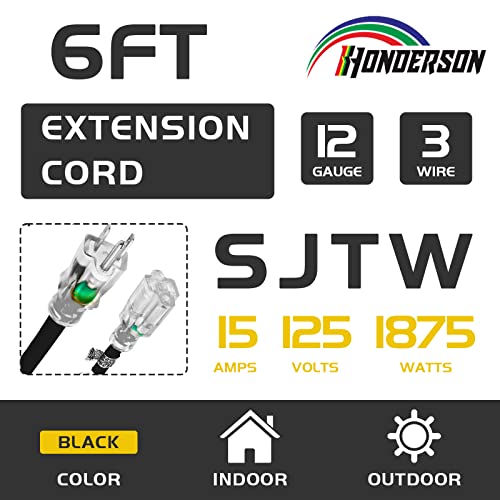 6 Ft Black Outdoor Extension Cord with Lighted End Weatherproof 12 Gauge | UL Certified 12/3 SJTW Cable, 15A Rated, Perfect for Outdoor Lights, Appliances and Lawn Equipment - size: 6FT, style: 12/3