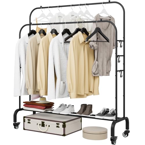 SUOERNUO Clothes Rack with Lockable Wheels Double Rods Metal Garment Racks - color: Black, size: 39.37"D x 15.75"W x 59.06"H