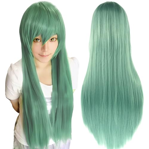 80cm Long Straight Natural Hair Cosplay Wigs with Bangs Colorful Halloween Costume Party Wig for Women (Light Green) - color: Light Green