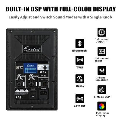EXOTON B-12 Powered PA Speaker - 12" Coaxial Active Monitor 800W Class D Amp with DSP, 3-Band EQ,TWS,Full-Color Display for Monitoring, DJ(AC Powered)