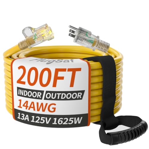 PlugSaf 200 FT 14/3 AWG Extension Cord, Heavy Duty Extension Cord, Yellow - color: Yellow, size: 200FT