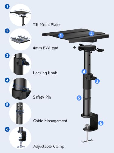 suptek Clamp-on Speaker Stand Desk Mount, Height Adjustment, Swivel, Tilt, 9.6 x 8.8 in Trays, Universal Audio Holders for Bookshelf Speakers, Elevated Sound, Against the Wall, 2 Pack, Black, SDM001KT - size: Tilt Speaker Stands Against the Wall