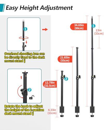 Overhead Camera Mount Desk Stand, Camera Arm Desk Mount Clamp Stand with 360°Adjustable Magic Arm, Webcam Arm Mount Stand w Ballhead Phone Mount for Desk Logitech Microphone Video Light Cell Phone - size: 1DFPGBL