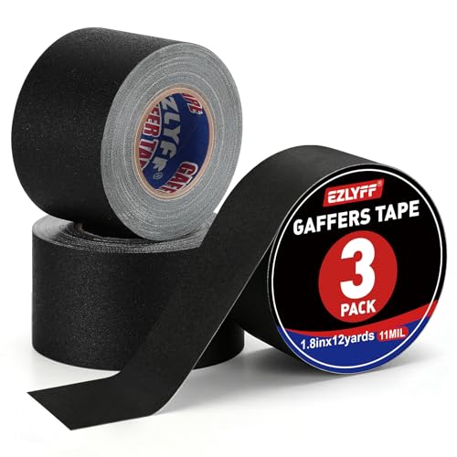 Black Gaffers Tape 3Pack, Easy Tear,1.8inch x12Yards(Total 36Yards) | Heavy-Duty Black Gaff Tape, No Residue,Non-Reflective, Gaffers Tapes for Securing Cables, Photography, Studio.