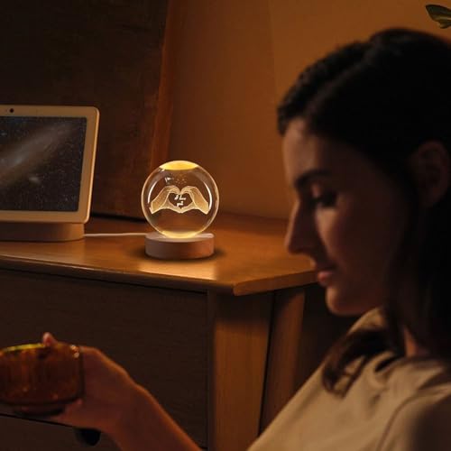 Flexzion 3D Love Crystal Ball Lamp, 3.15 inch (80mm), USB Night Light | Love Lamp with Solid Beech Wood Base and Adjustable Brightness for Bedrooms, Nightstands, Desks, Shelves and Room Decor - size: 3.15 inch (80mm), style: Love