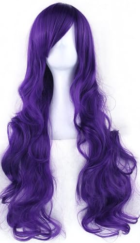 IMISSU 80cm Long Curly Natural Hair Cosplay Wig with Bangs Colorful Halloween Costume Party Wigs for Women (Dark Purple) - color: Dark Purple