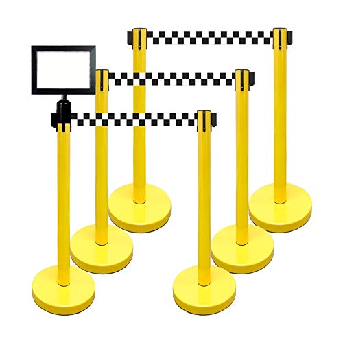 Retractable Stanchion, 6 SPECIALTY Posts + Signframe, 36" Ht, 78" Special Event & Holiday Theme Belt + Bonus Replacement Cassettes + Wall Receiver (YEL Post/Checker Belt) - color: Yel Post/ Checker Belt