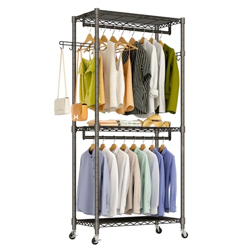 Heavy Duty Rolling Garment Rack, 3 Tiers Wire Shelves Adjustable Freestanding Portable Rolling Clothing Rack with Lockable Wheels, 35.4''L x 15.8''W x 78.8''H, Max Load 420LBS | Wire Adjustable Garment Rack for Hanging Clothes with 2 Hanger Rods, 35.4''L