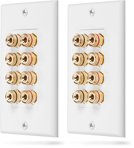 Fosmon (Quad Speaker Home Theater Wall Plate - Premium Quality Gold Plated Copper Banana Binding Post Coupler Type Audio Wall Plate for 4 Speakers (White) (Pack of 2) - size: Four Speaker (Pack of 2)