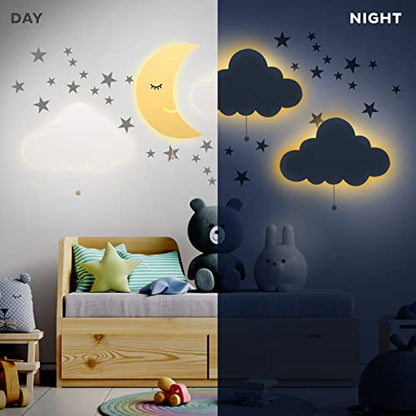 LumiDreams Moon Wall Night Light, Crescent Nursery Lamp for Kids Room | 17.7" x 11.5" | Hand-Painted Wooded Moon Light | Battery Operated | Pull Cord Switch | Wall Mounted Nursery decor