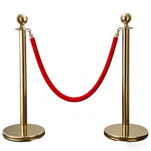 BeBecome Stanchions and Velvet Ropes, Gold Stanchions with 5 ft Red Velvet Rope, 2 Pack Crowd Control Barriers, Fillable Bases, Red Carpet Poles for Weddings