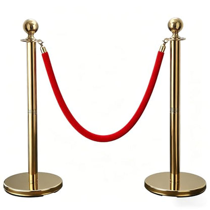 BeBecome Stanchions and Velvet Ropes, Gold Stanchions with 5 ft Red Velvet Rope, 2 Pack Crowd Control Barriers, Fillable Bases, Red Carpet Poles for Weddings
