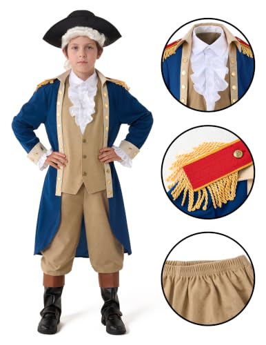 Spooktacular Creations George Washington Costume for Kids, Colonial Boys Costume with Wig and Hat for Halloween DressUp Party - size: Medium (8-10yr)