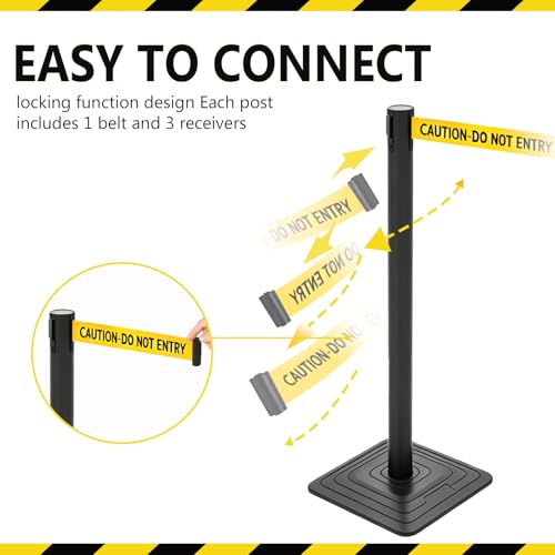 4 Pack Crowd Control Stanchions with 10FT Retractable Yellow Belt – 41" Black Queue Barriers with Heavy Rubber Base (Belt Printed “Caution-Do Not Enter”) for Hotel, Airport, Bank, Store, Event - color: CAUTION-DO NOT ENTER BELT