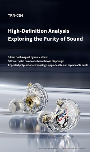 FEDAI TRN CS4 in Ear Monitor Earphone, TRN in-Ear Earbuds with 10mm Dual Magnet Dynamic Driver and New Silicon-Crystal Composite Over Ear Headset with Detachable 2 Pin 0.75MM Cable(with mic,Clear) - size: With mic