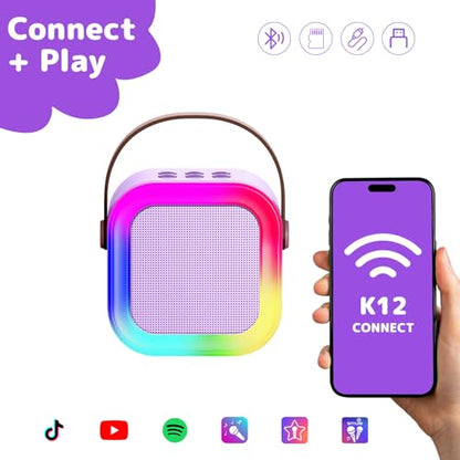 Karaoke Machine for Kids Adults, Mini Karaoke Machine with 2 Wireless Microphones, Portable Bluetooth Speaker with Voice Changing Effects & LED Lights, Best Gifts Toys for Girls and Boys - color: Purple