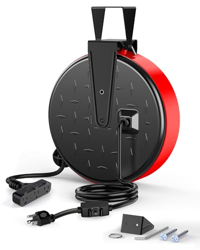 DEWENWILS Retractable Extension Cord Reel, Metal Reel with 30FT Power Cord - color: Black/Red-black Cord