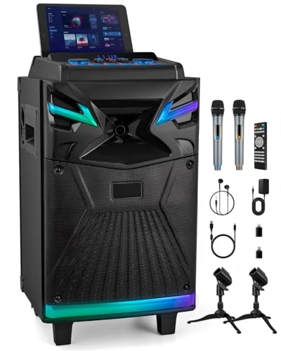 GTSK10-1 Karaoke Machine for Adults with USB-C Audio Interface, Portable PA System Bluetooth Party Speaker with 2 Wireless Mics for Live Streaming, Digital Voice Recording,Guitar Input,Wheels & Lights