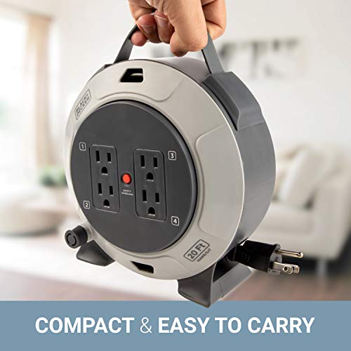 BLACK+DECKER 20 Ft. Retractable Extension Cord Reel, 4 Outlets | 16 AWG SJT cable, thermal breaker reset button, multi-plug design, heavy-duty - size: 20 ft