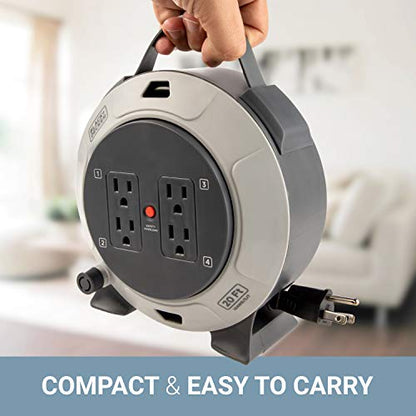 BLACK+DECKER 20 Ft. Retractable Extension Cord Reel, 4 Outlets | 16 AWG SJT cable, thermal breaker reset button, multi-plug design, heavy-duty - size: 20 ft
