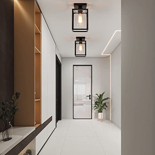 3 Pack Semi Flush Mount Ceiling Light,Black Metal Frame Ceiling Light Fixture with Clear Glass Shade, Farmhouse Light Fixture for Kitchen Island Entryway Porch Foyer - color: 3 PACK
