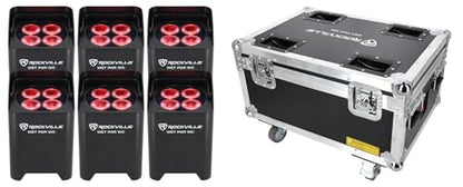 Rockville Wet PAR WC Package Black 18W RGBWA+UV Par Wash Lights, Wireless Charging Case, IP65 Water-Resistant, App-Controlled, for DJ Events and Venues (6 Lights) | 10-12 Hour Battery, IP65 Waterproof, RGBWA+UV, Wireless DMX, App Control, 6 IR Remotes, Tr