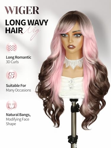 WIGER Long Wavy Wig With Bangs Pink Romantic Curly Hair With Brown Roots and Ends Synthetic Layered Curly Hair Ombre Pink Wig for Women Daily or Costumes - color: Pink Ombre Brown