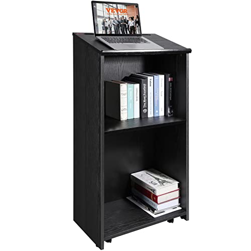 VEVOR Podium Stand, 47-inch Mobile Lectern with 4 Casters, Wooden Presentation Stand with Shelves, Angled Top, for Church, Office, School, Home Use, Black - color: Black